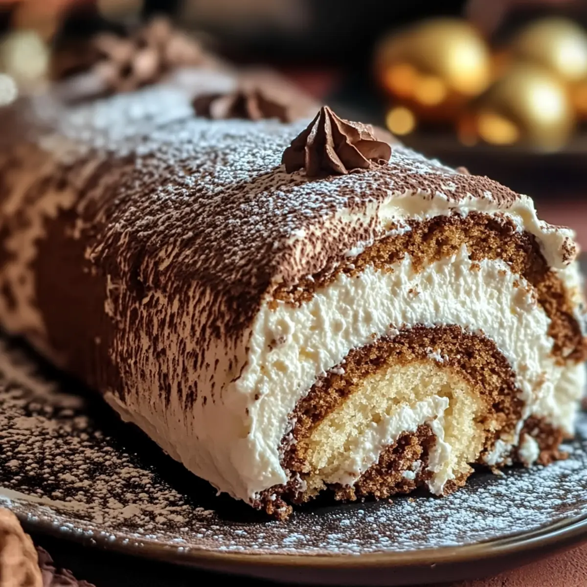 Leckere Tiramisu-Bûche de Noël Kuchen für Festtage