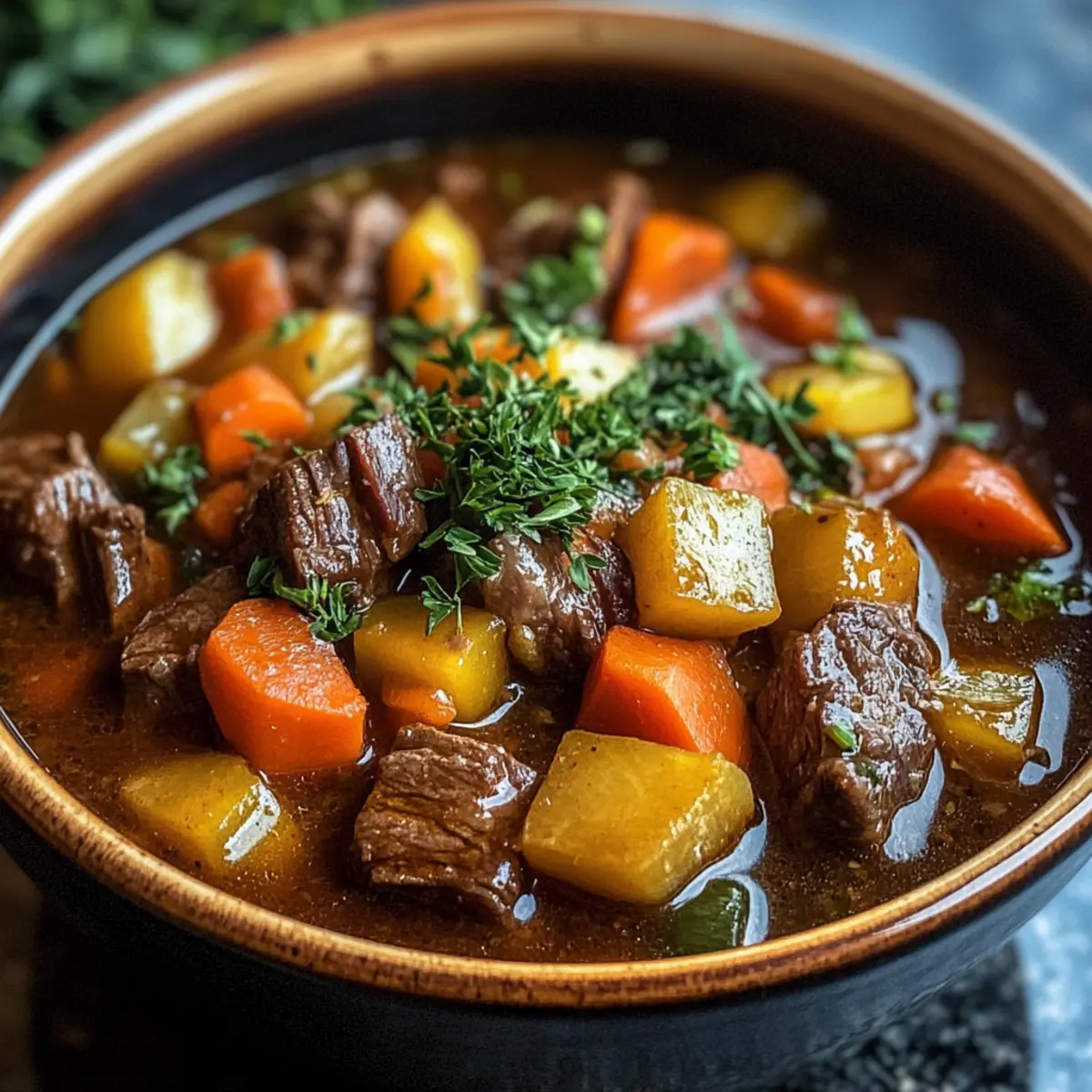 Eintopf mit geschmortem Gemüse und Rindfleisch Zutaten: - 500 g Rindfleisch, gewürfelt - 2 Karotten, gewürfelt - 2 Selleriestangen, gewürfelt - 1 Zwiebel, gewürfelt - 2 Knoblauchzehen, gehackt - 1 Liter Rinderbrühe - 1 Dose gehackte Tomaten - 2 Lorbeerblätter - 1 Teelöffel Thymian - Salz und Pfeffer nach Geschmack - 2 Esslöffel Olivenöl Anleitung: 1. In einem großen Topf das Olivenöl erhitzen. Das Rindfleisch hinzufügen und braun anbraten. 2. Zwiebel, Knoblauch, Karotten und Sellerie hinzufügen und einige Minuten anbraten. 3. Die Rinderbrühe, gehackte Tomaten, Lorbeerblätter und Thymian hinzufügen. Mit Salz und Pfeffer würzen. 4. Das Ganze zum Kochen bringen, dann die Hitze reduzieren und 1,5 bis 2 Stunden köcheln lassen, bis das Fleisch zart ist. 5. Vor dem Servieren die Lorbeerblätter entfernen.