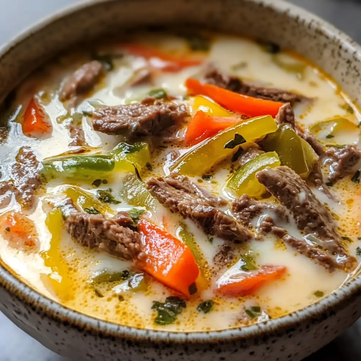 Philly Cheesesteak Suppe Rezept Zutaten: - 450 g Rindfleisch, dünn geschnitten - 1 große Zwiebel, gewürfelt - 1 große grüne Paprika, gewürfelt - 4 Knoblauchzehen, gehackt - 4 Tassen Rinderbrühe - 2 Tassen Sahne - 2 Tassen Käse, gerieben (z.B. Cheddar oder Provolone) - 2 Esslöffel Olivenöl - Salz und Pfeffer nach Geschmack - 1 Teelöffel Worcestersauce - 1 Teelöffel Paprika - 1 Teelöffel italienische Gewürze Anleitung: 1. Erhitzen Sie das Olivenöl in einem großen Topf bei mittlerer Hitze. 2. Fügen Sie das Rindfleisch hinzu und braten Sie es an, bis es braun ist. 3. Zwiebel, Paprika und Knoblauch hinzufügen und weitere 5 Minuten braten. 4. Rinderbrühe, Worcestersauce, Paprika und italienische Gewürze hinzufügen. 5. Zum Kochen bringen und dann die Hitze reduzieren und 15 Minuten köcheln lassen. 6. Sahne und Käse hinzufügen und gut umrühren, bis der Käse geschmolzen ist. 7. Mit Salz und Pfeffer abschmecken und servieren.