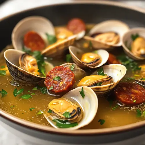 Sake-dampfte Muscheln mit Chorizo