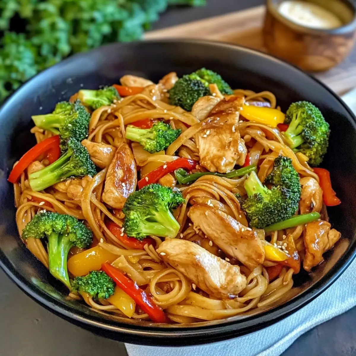 Asiapfanne mit Nudeln Huhn und Brokkoli