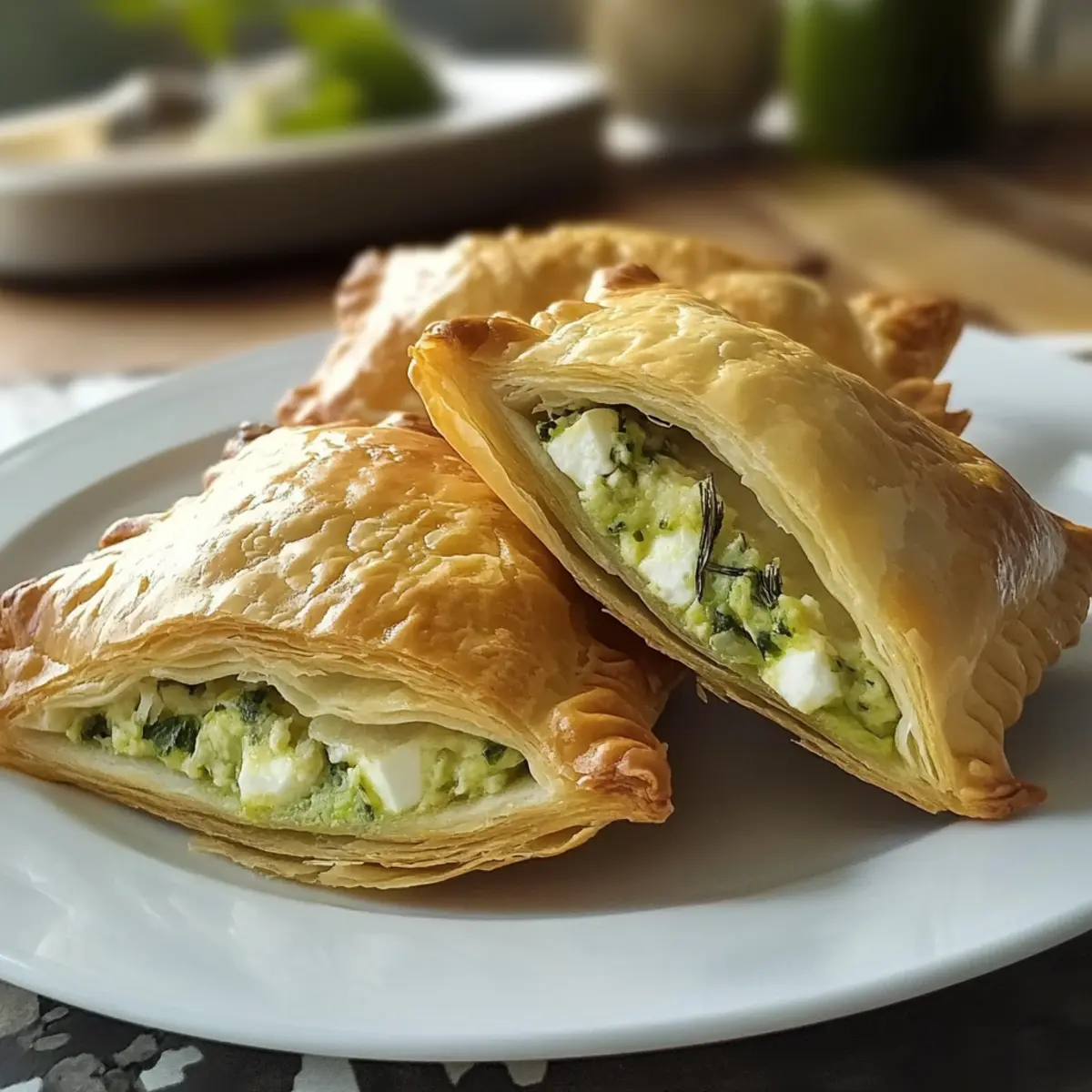 Puff pastry triangles with wild garlic feta filling