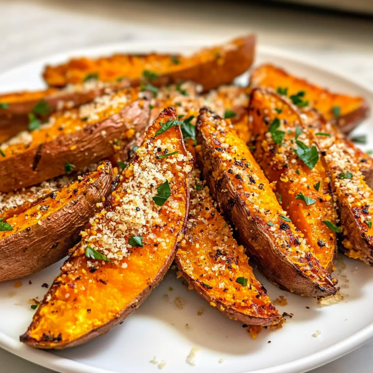 Einfache gebackene Knoblauch Parmesan Süßkartoffelspalten
