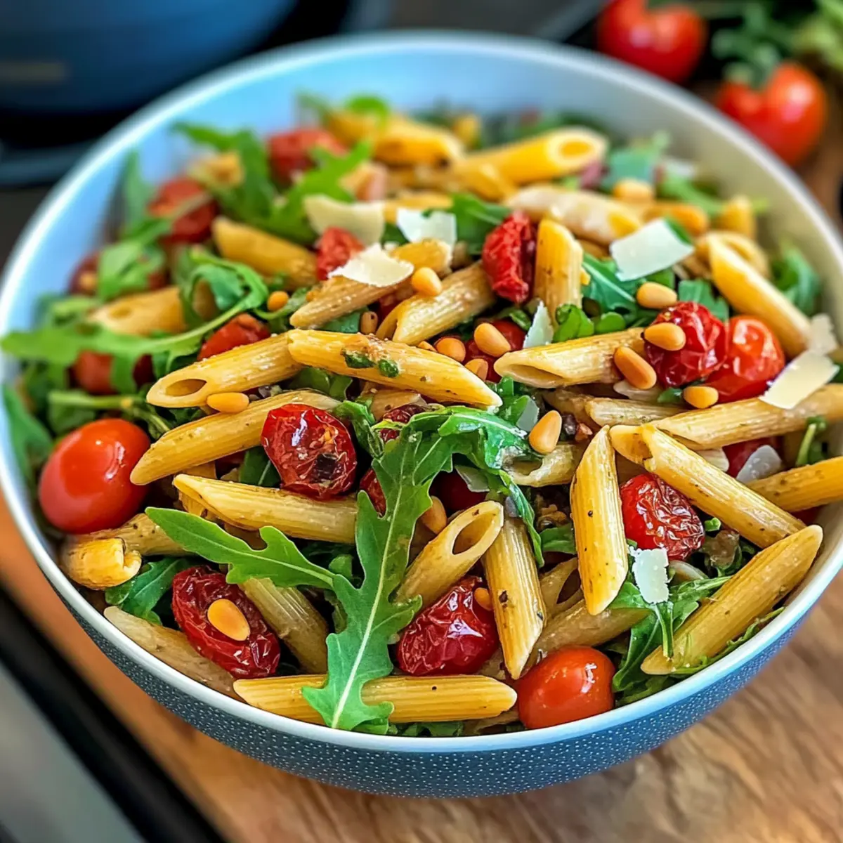 Mediterraner Nudelsalat mit Rucola und Tomaten