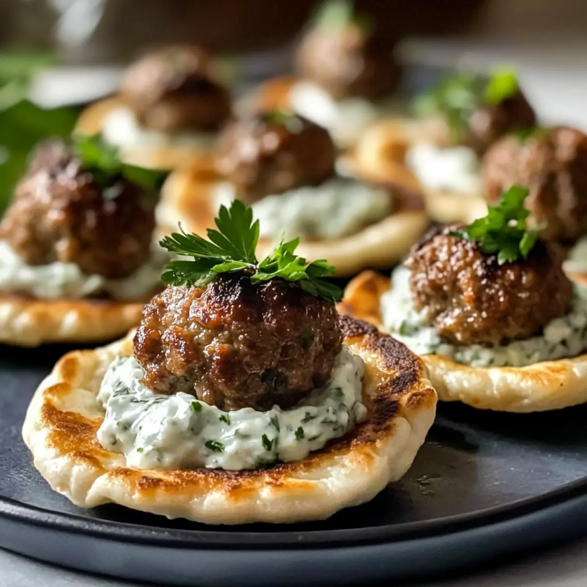 Mini griechische Fleischbällchen mit Tzatziki auf Pita