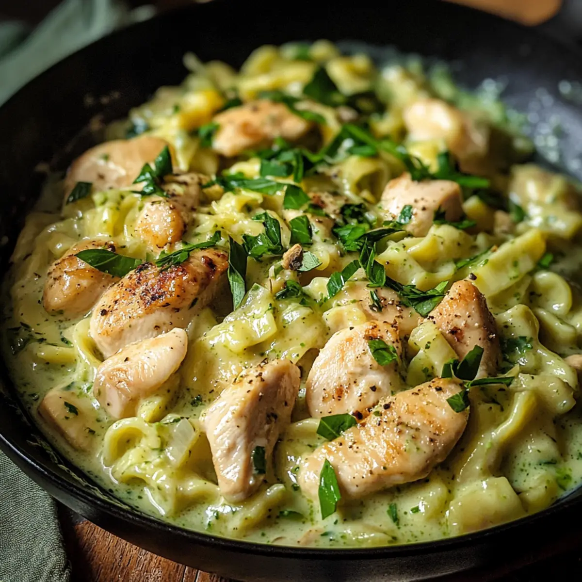 Spätzle Pfanne mit Hähnchen in Bärlauchrahm