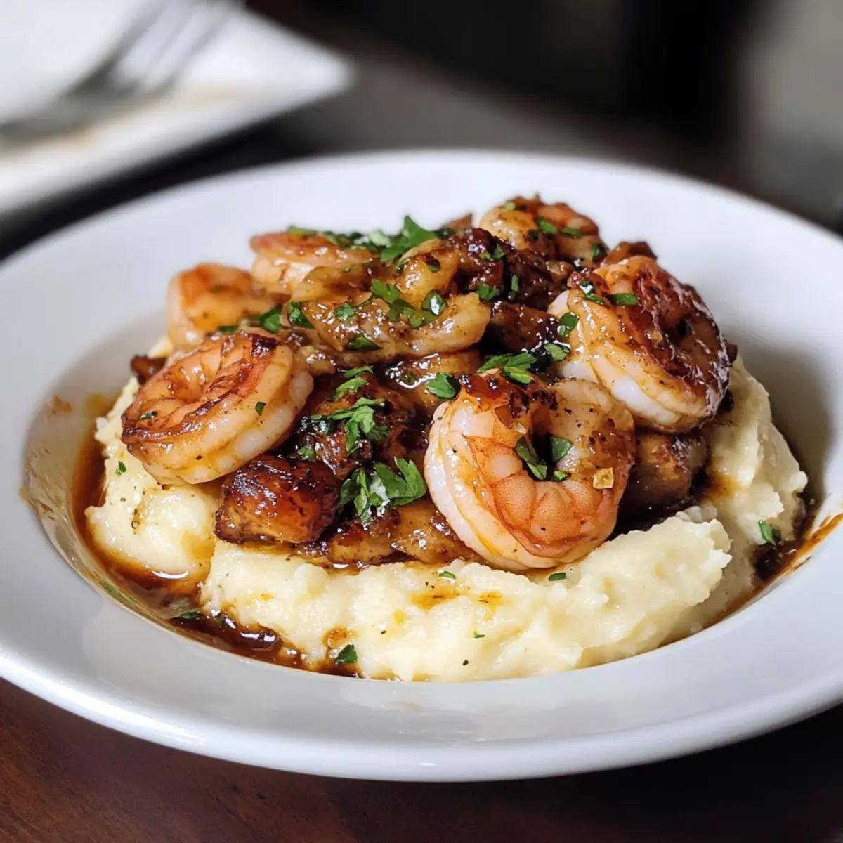 Whiskey-Glasierte Hähnchen und Garnelen mit Knoblauchkartoffelpüree