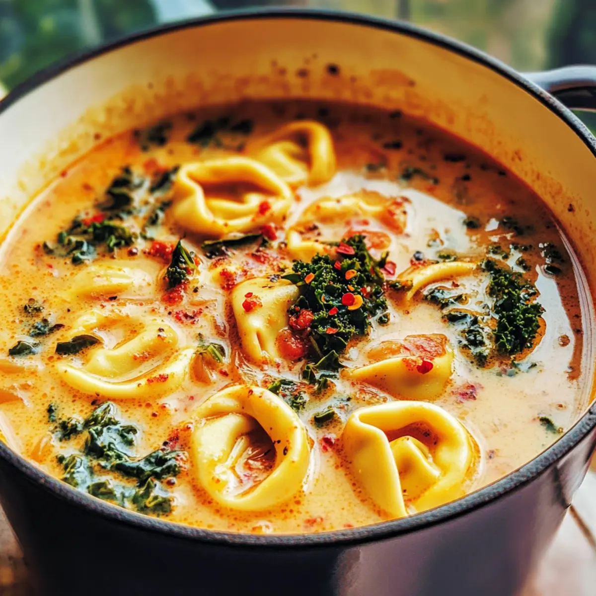 Cremige vegetarische Tortellini-Suppe mit Grünkohl