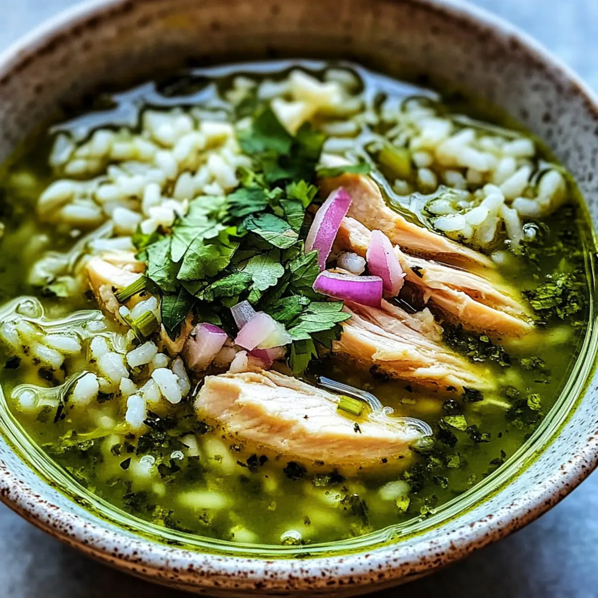 Grüner Kräuterhühnchen- und Reissuppe