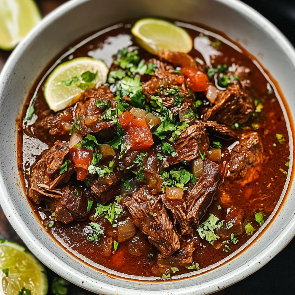 Birria Rezept Zutaten: - 1 kg Rindfleisch - 500 g Lammfleisch - 3-4 getrocknete Chilis (z.B. Guajillo, Ancho) - 1 Zwiebel - 4 Knoblauchzehen - 2 TL Kreuzkümmel - 1 TL Oregano - 1 TL Thymian - 1 Zimtstange - 1 L Rinderbrühe - Salz und Pfeffer nach Geschmack - Frische Korianderblätter - Limetten - Tortillas Anleitung: 1. Die getrockneten Chilis in heißem Wasser einweichen. 2. Rind- und Lammfleisch in große Stücke schneiden. 3. Zwiebel und Knoblauch hacken. 4. In einem großen Topf das Fleisch anbraten, bis es braun ist. 5. Zwiebel und Knoblauch hinzufügen und weiter anbraten. 6. Die eingeweichten Chilis und die Gewürze dazugeben. 7. Mit Rinderbrühe ablöschen und aufkochen lassen. 8. Hitze reduzieren und 2-3 Stunden köcheln lassen, bis das Fleisch zart ist. 9. Mit frischen Korianderblättern und Limetten servieren. 10. Mit Tortillas genießen.
