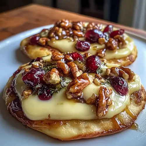 Mini-Pizza mit Brie, Cranberries, Walnüssen und scharzem Honig