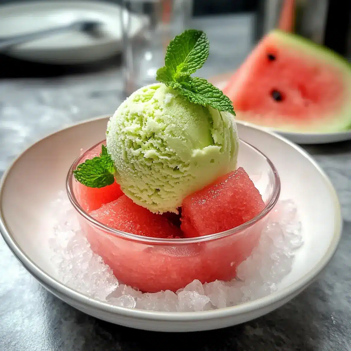 Frisches Minzeeis mit gesalzenem Wassermelonen-Granita